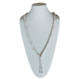 Vintage Flapper Faux Pearl Beaded Necklace Fringe Multicolor Flowers 1960s